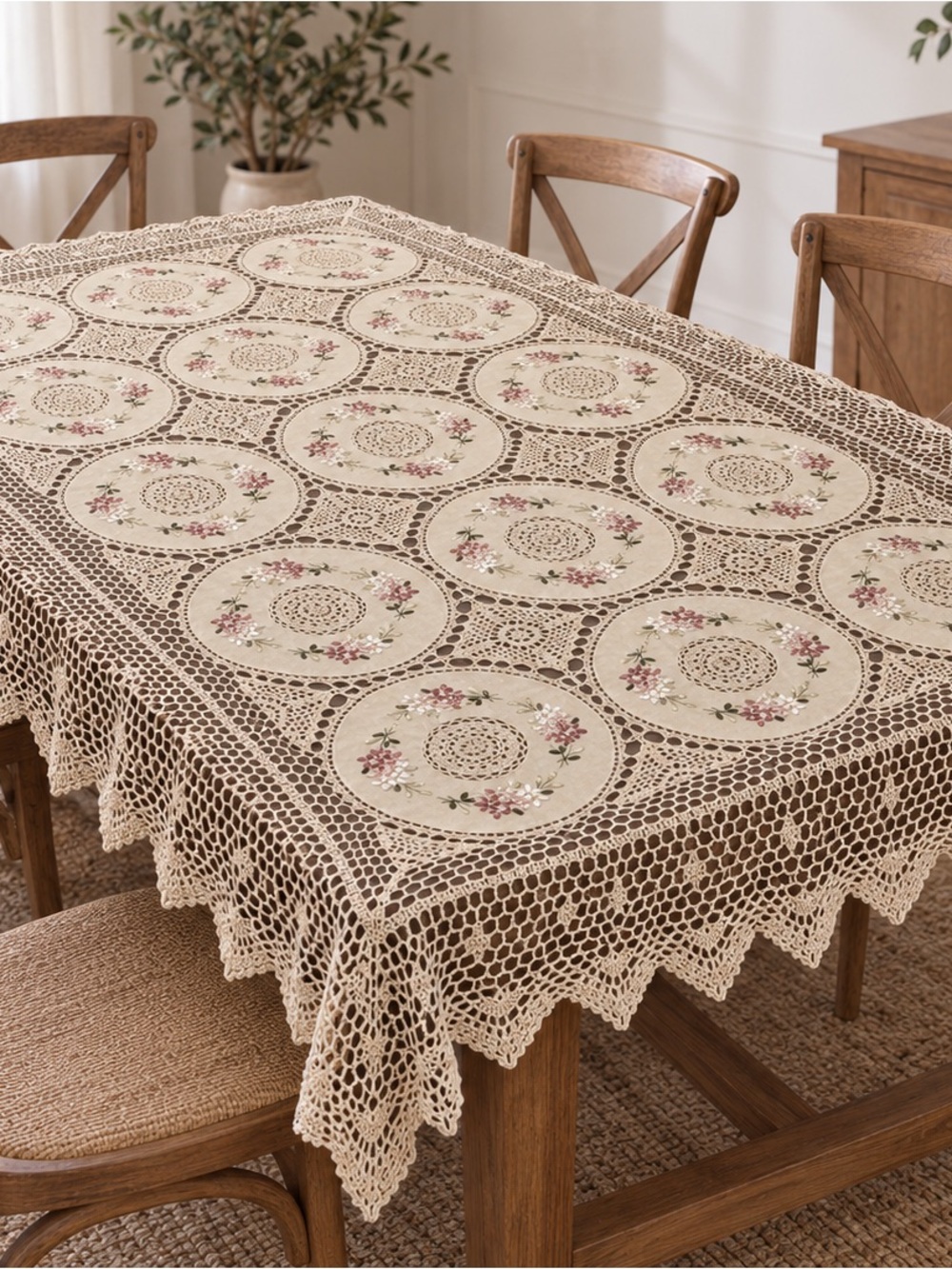 Handmade Crochet Lace Tablecloth Pink Floral Ribbon Embroidery Cottagecore Large